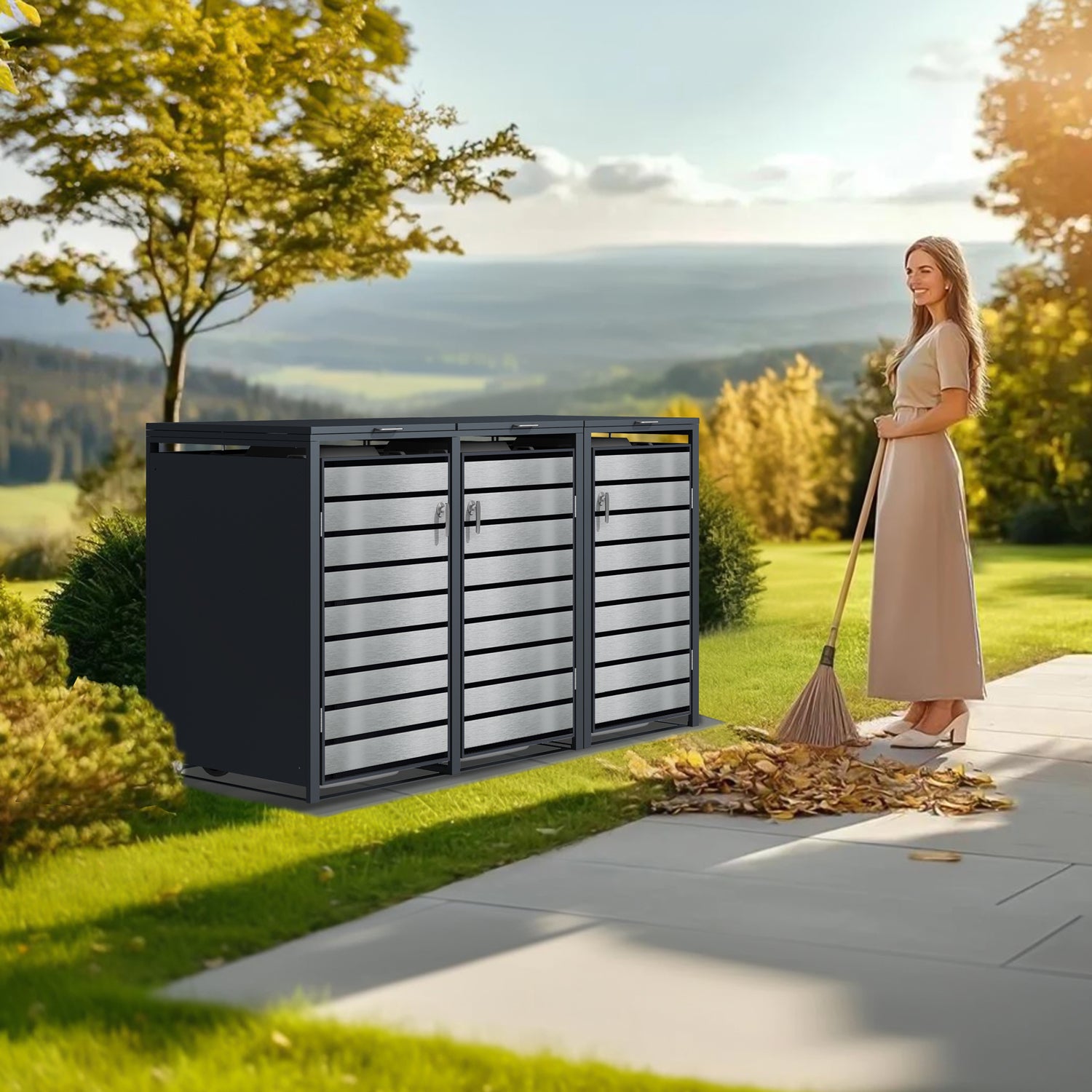 Phoenix Safe Co. Müllcontainer GB4426ASK – Stahl – Anthrazit/Silber – 4-türig, Soft-Close – 264 × 80 × 116 cm