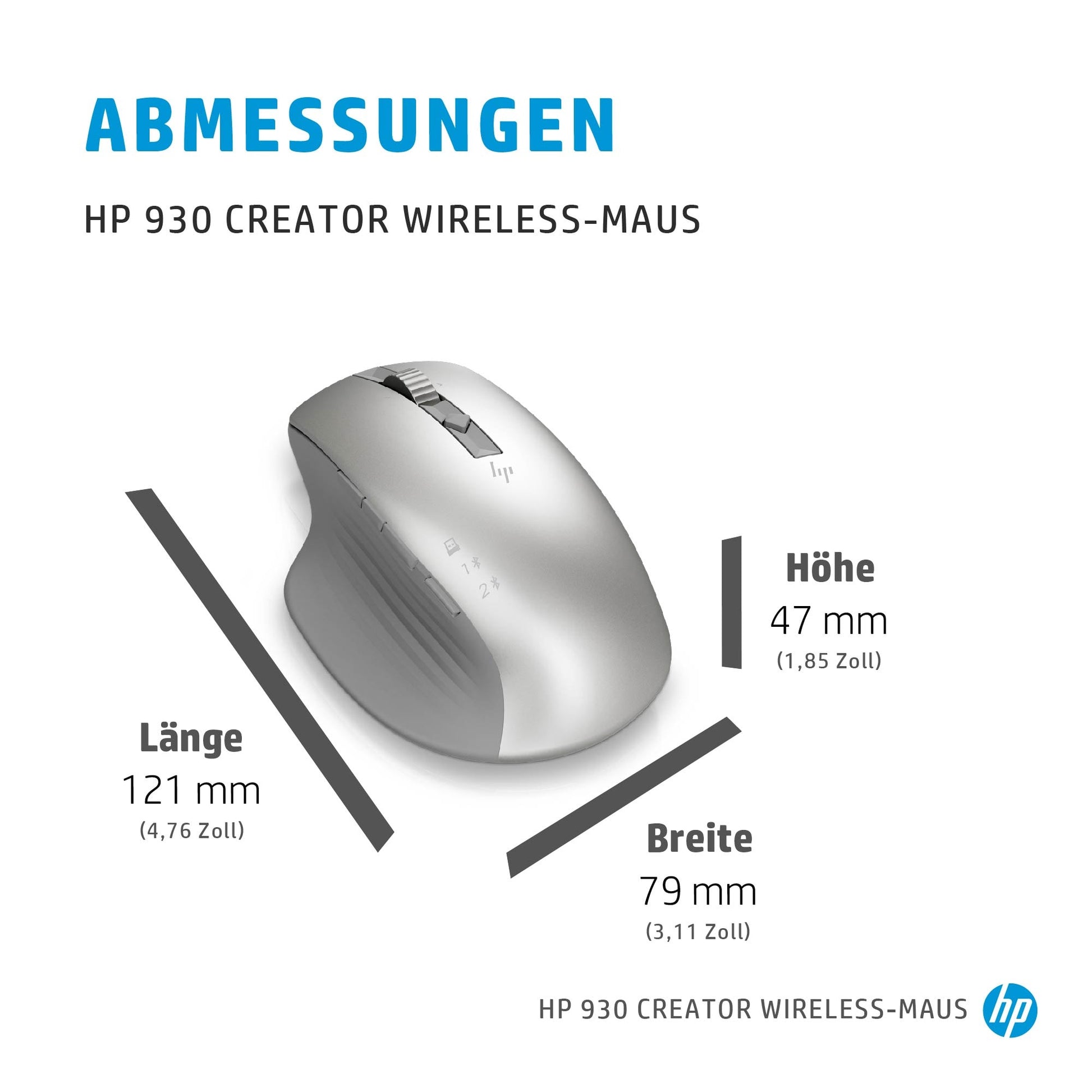HP 930 Creator Maus – kabellos, USB-A, 3'000 dpi, 7 Tasten, für Rechtshänder, programmierbare Tasten, silber