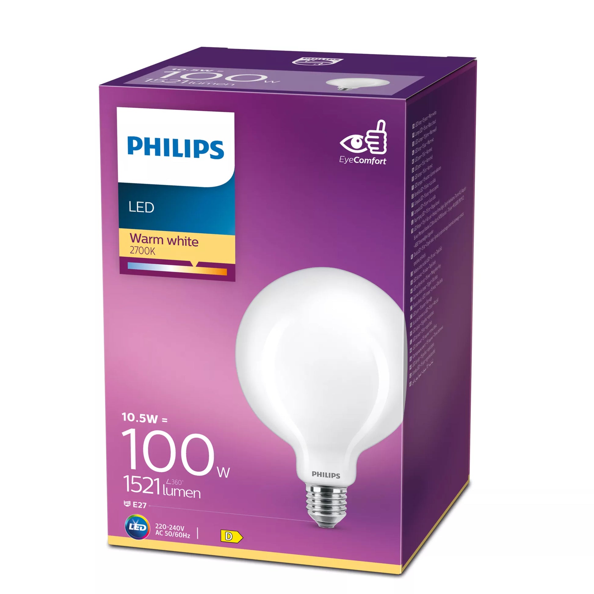 Philips by Signify Philips LED-Leuchtmittel E27 Globe G120 – Warmweiss 2700 K, 1521 lm, 10,5 W – Gefrostetes Glas – 1 Stk.
