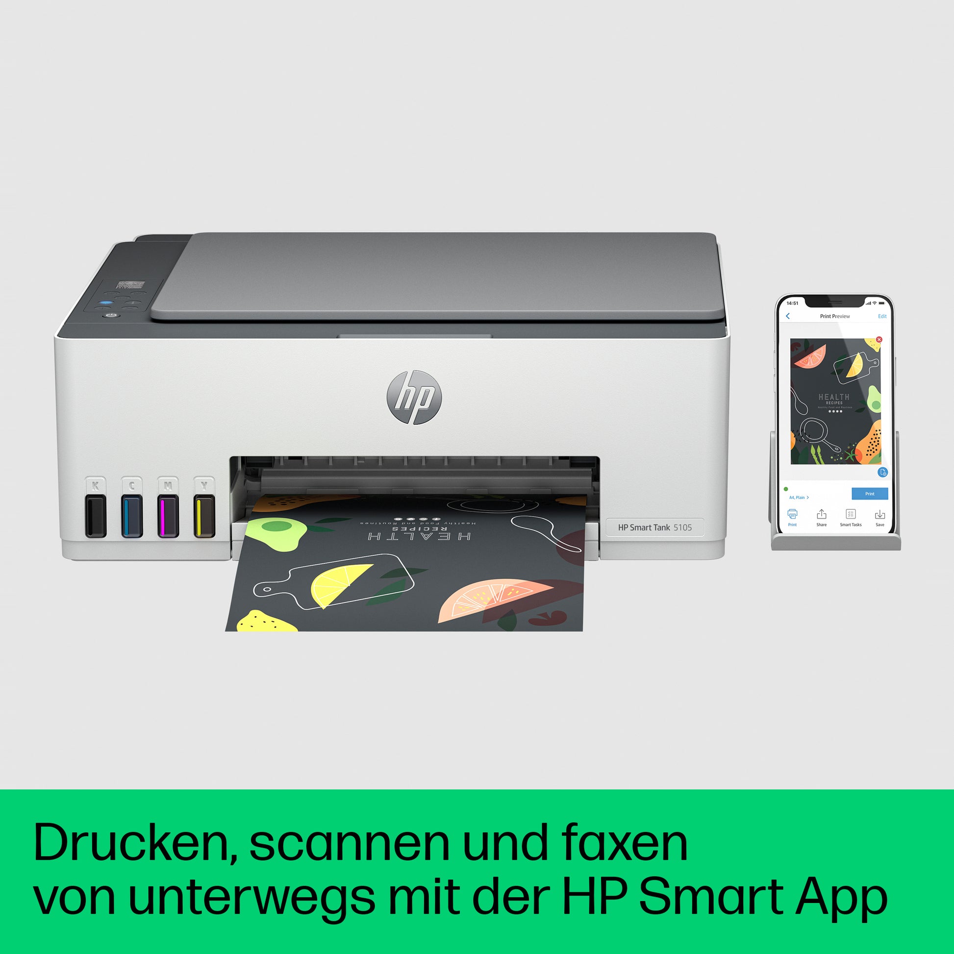HP Smart Tank 5105 – Farbtintenstrahl-Multifunktionsdrucker, A4, 3-in-1, Duplex, WLAN, AirPrint, Mopria