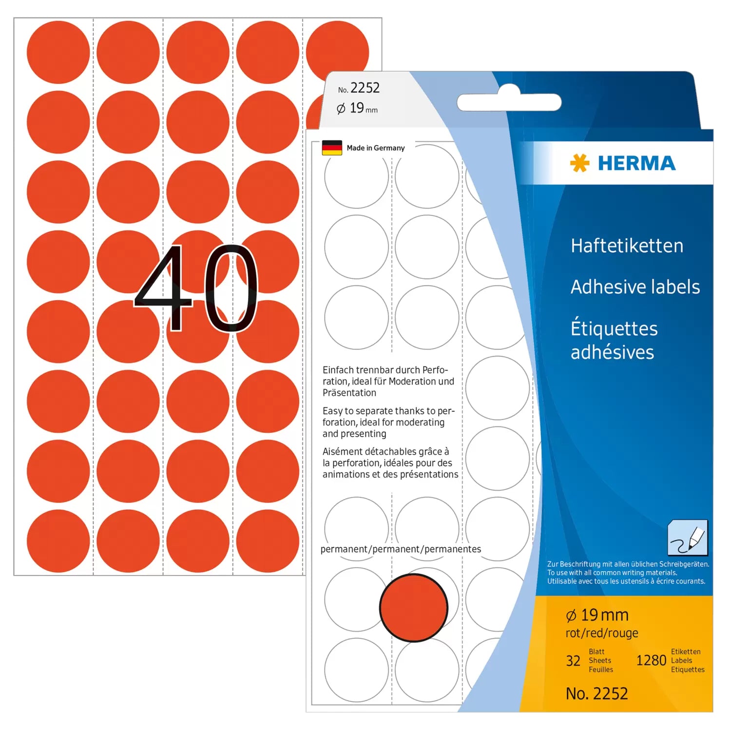 HERMA Haftetiketten – rund Ø 19 mm, permanent, rot, Bogen 111 × 170 mm, 32 Blatt (1'280 Stk.)