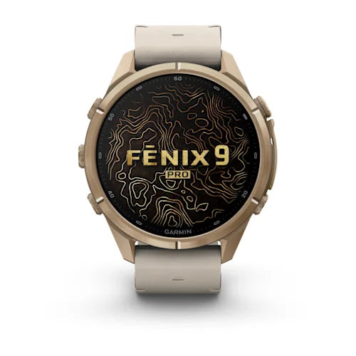 Garmin fēnix 9 Pro 43 mm GPS + Cellular – Titan Gold, Cremefarben, 100 m, für Android, iPhone