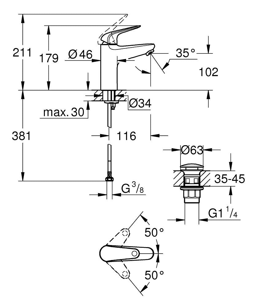GROHE Badebatterie Swift – Messing, Einlochmontage, Chrom