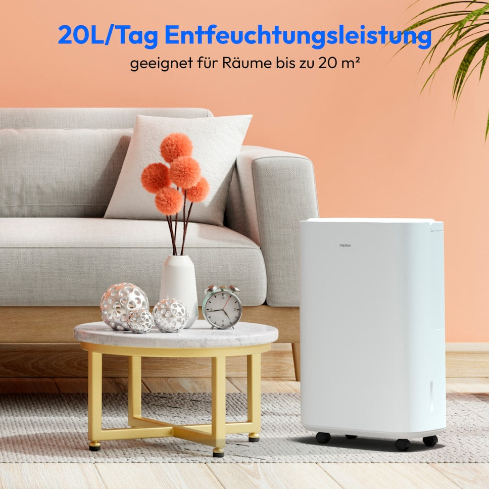 Medion DH20 Luftentfeuchter – 20 l/24 h, bis 20 m², Tank 5,4 l, weiss