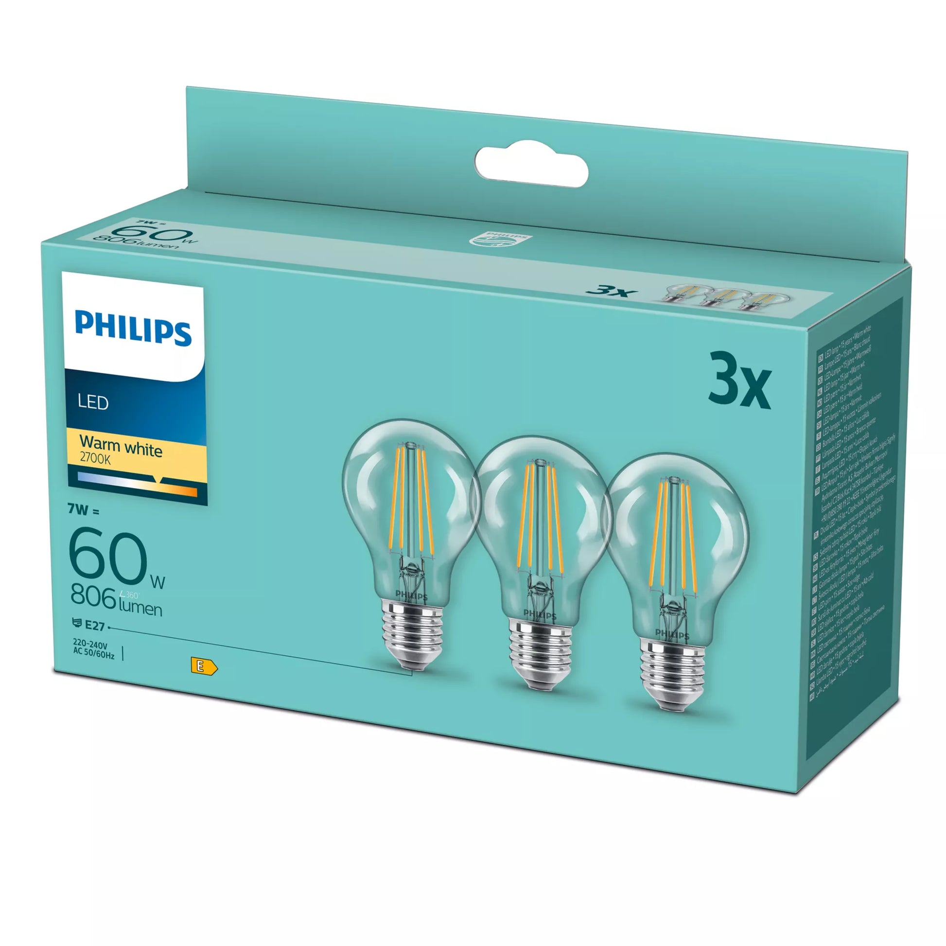 Philips by Signify Philips LED-Leuchtmittel E27 A60 – Warmweiss 2700 K, 806 lm, 7 W – IP20 – 1 Stk. – Transparent, Glas