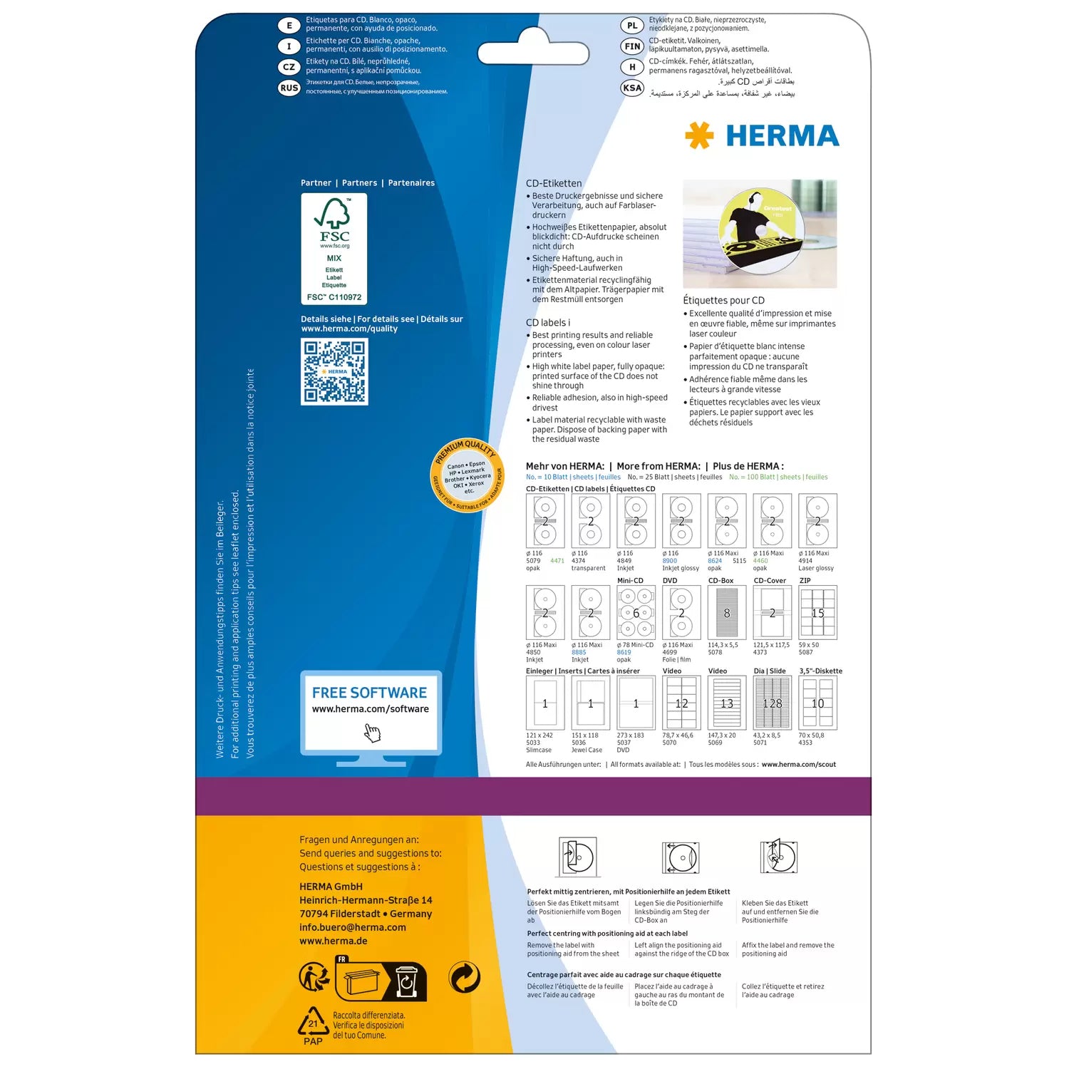 HERMA CD-/DVD-Etiketten, Ø 78 mm, weiss, Papier, permanent, 60 Etiketten (10 Blatt)