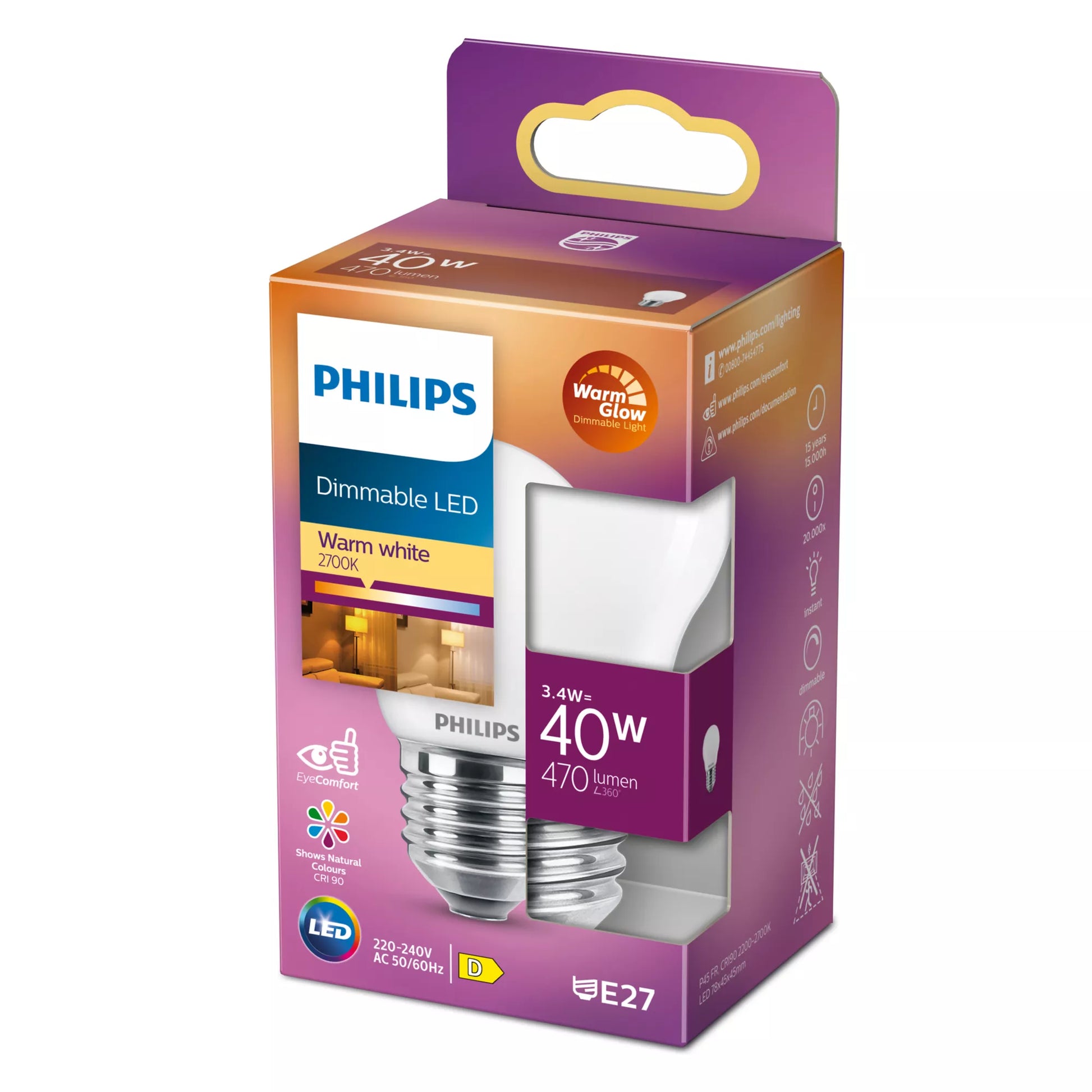 Philips by Signify Philips LED-Leuchtmittel E27 P45 – 470 lm, 3,4 W, WarmGlow 2200–2700 K, dimmbar – 1 Stk., Weiss/Glas