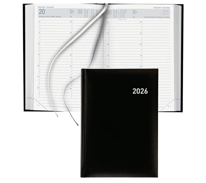 Biella Agenda – 1 Tag pro Seite, gebunden, 14,5 × 20,5 cm, 2026, mehrsprachig, 1/4-Stunden-Takt, schwarz, FSC