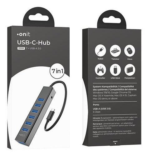 ONIT F01257 USB-Hub – USB-C, 7× USB-A, 15 W PD, für Windows/Mac/ChromeOS