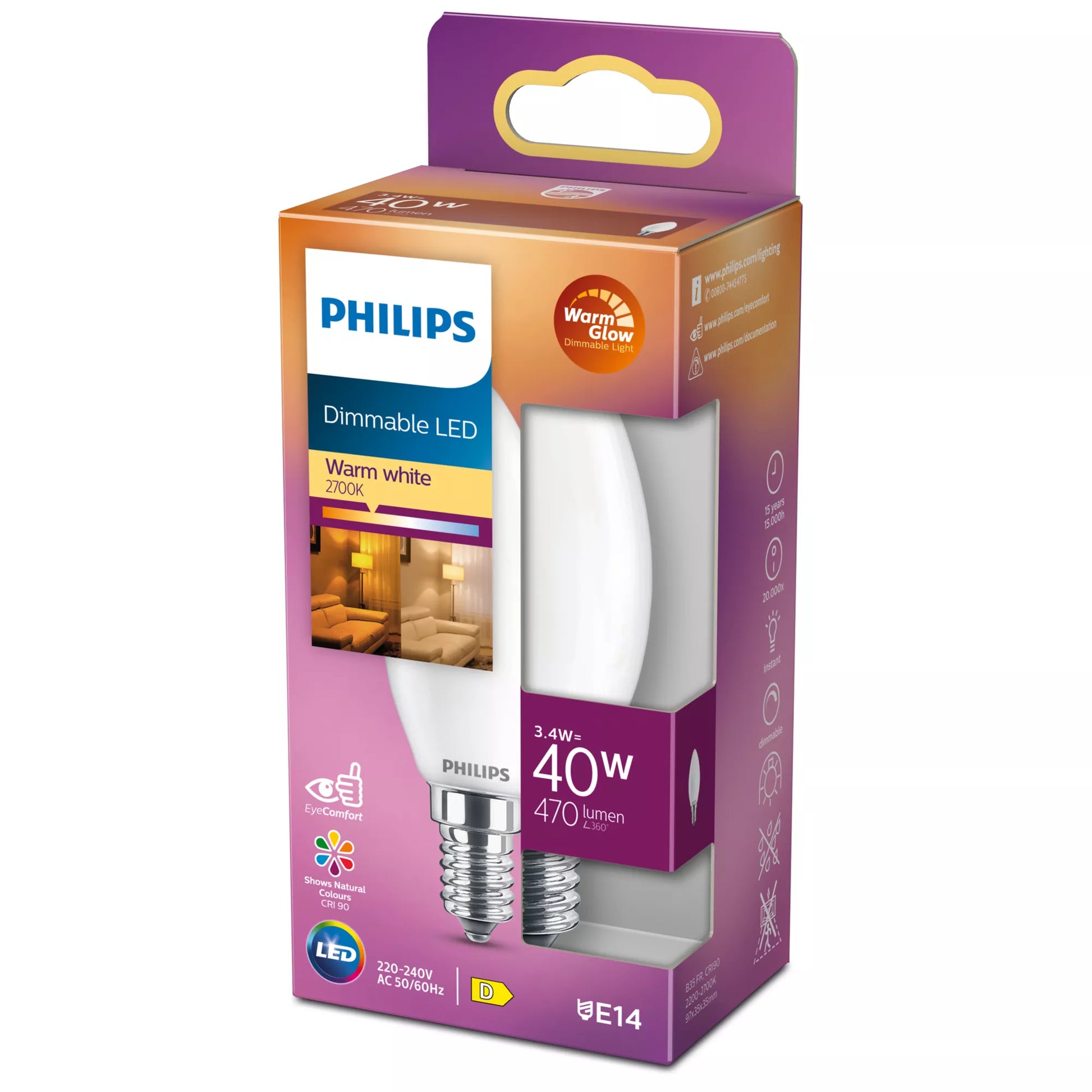 Philips by Signify Philips LED-Leuchtmittel E14 Kerze – Warmweiss 2200–2700 K, 470 lm, 3,4 W – 1 Stk., Mattglas