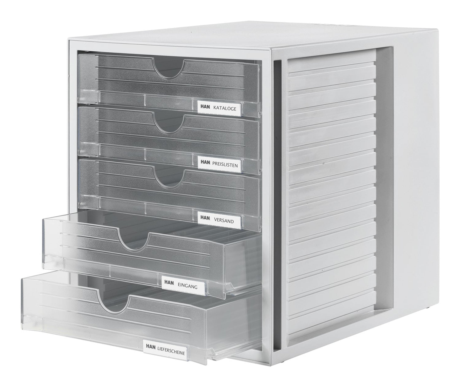 Han Systembox Schubladenelement – 5 Schubladen, für A4, stapelbar, mit Beschriftungsfenster, grau