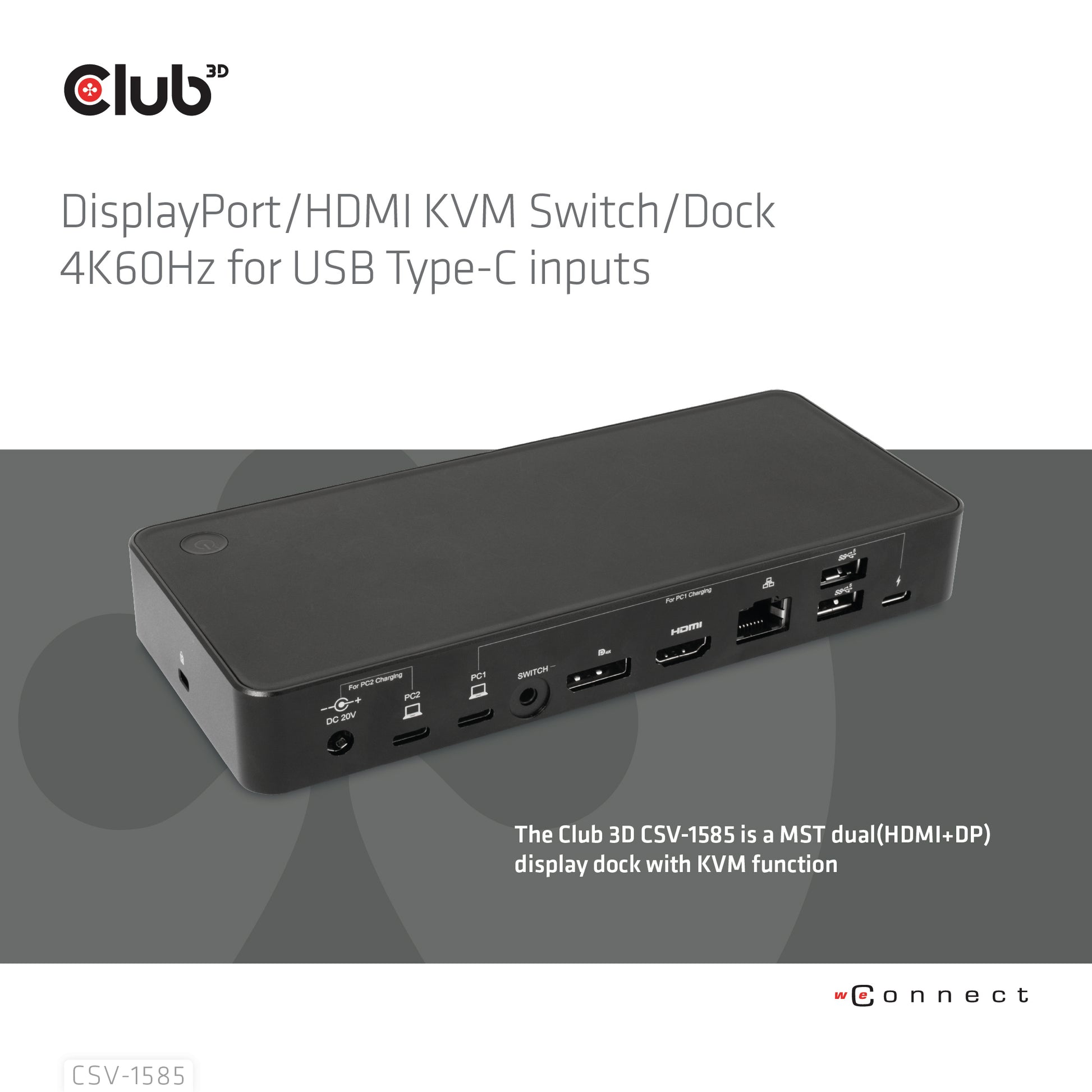 CLUB3D Club 3D – KVM-Switch, USB-C/3× USB 3.2 Gen 1 Typ A/HDMI/DisplayPort/LAN, PD 120 W, 1 Gbit/s
