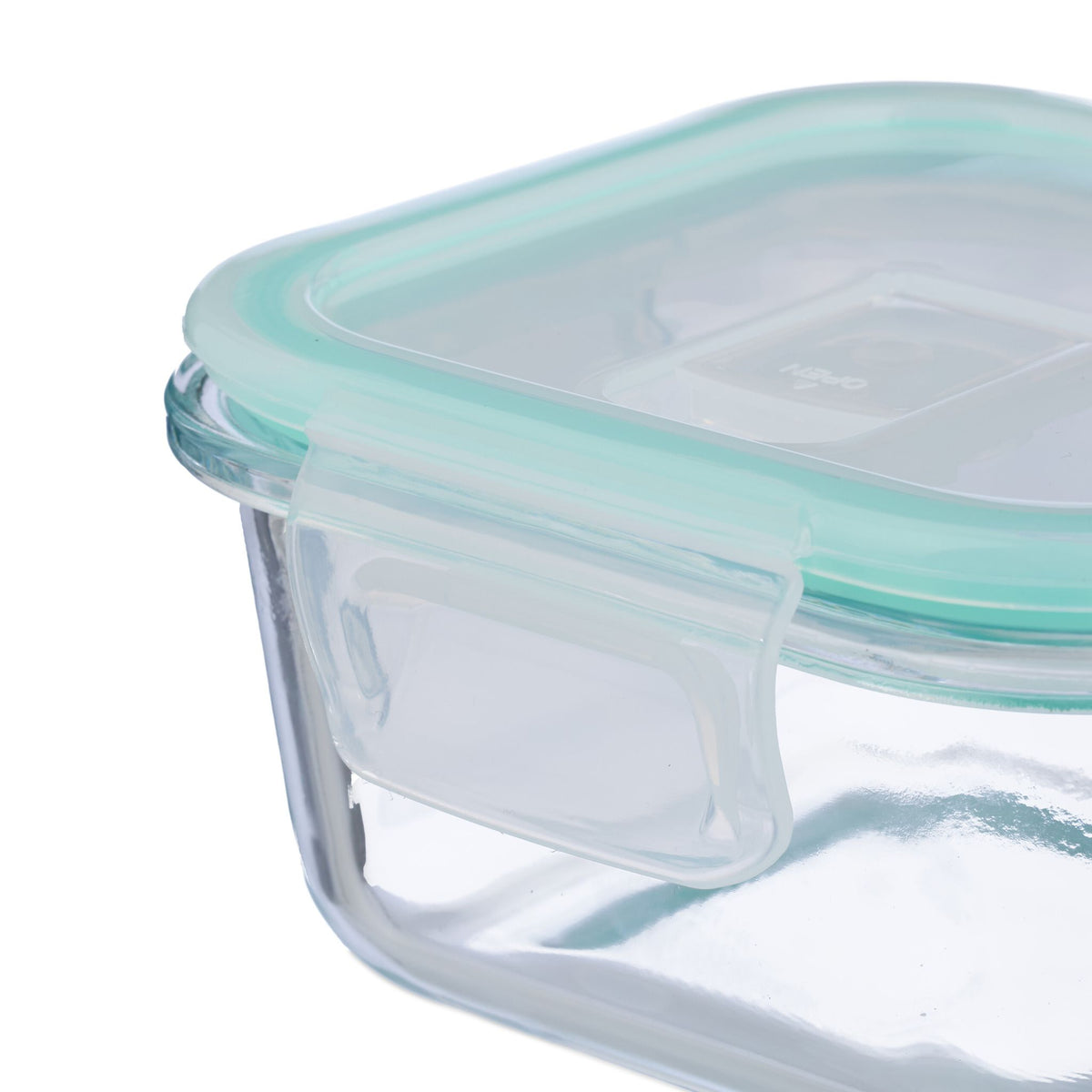 Relaxdays Vorratsdose 520 ml, 14,5 × 14,5 × 7 cm, Glas/Polypropylen (PP)/Silikon, transparent/türkis/weiss