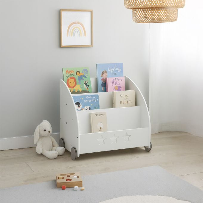 Relaxdays Fahrbares Bücherregal – 3 Böden – 57 × 42 × 62 cm – 15 kg – Grau/Weiss – MDF