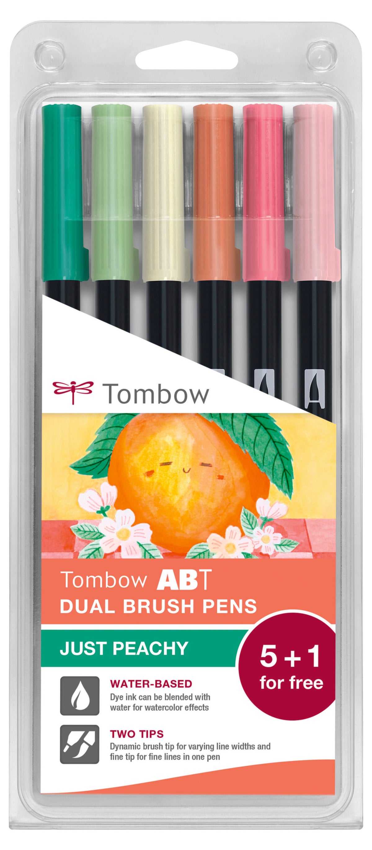 Tombow ABT Brush Pen Just Peachy – Doppelspitze, Pinselspitze + feine Spitze, wasservermalbar, 6 Farben