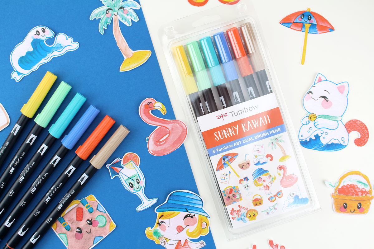 Tombow ABT Dual Brush Pen – Doppelspitze, Pinsel + feine Spitze, wasservermalbar, 6 Farben, Sunny Kawaii
