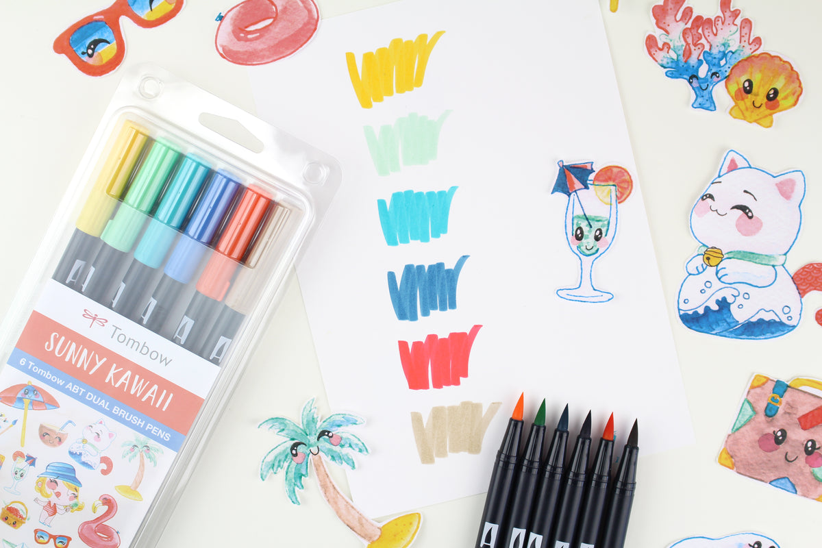 Tombow ABT Dual Brush Pen – Doppelspitze, Pinsel + feine Spitze, wasservermalbar, 6 Farben, Sunny Kawaii