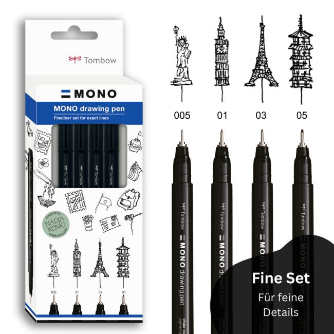 Tombow MONO Drawing Pen Fineliner Set – 4 Stk., 0,2–0,45 mm, schwarz