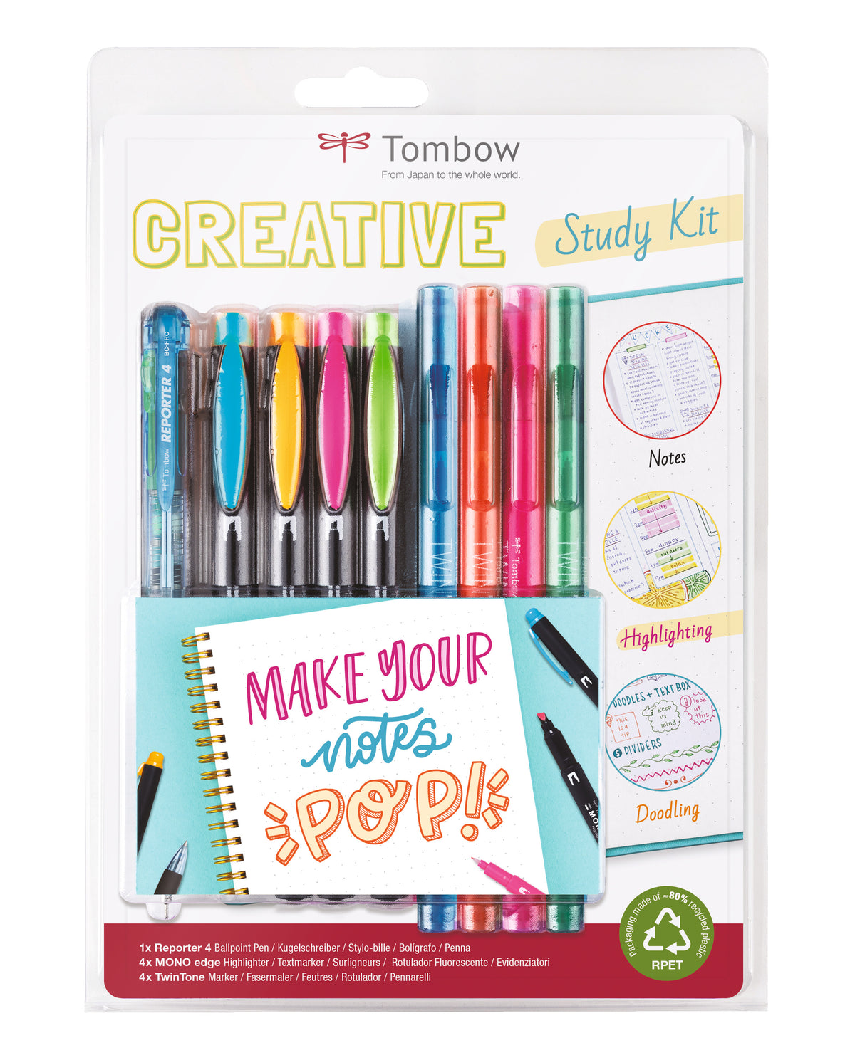 Tombow Creative Study Kit – Handlettering- / Zeichen-Set – 1× Reporter 4, 4× MONO edge, 4× TwinTone