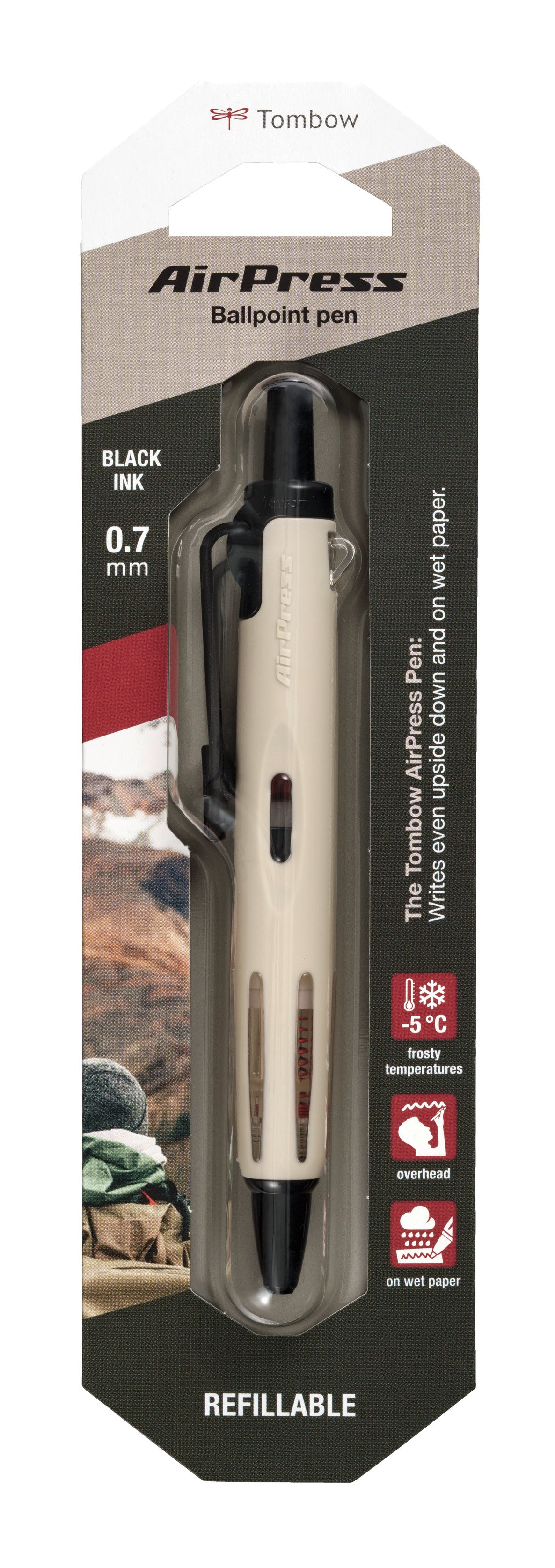 Tombow Airpress Pen Kugelschreiber – Schwarz, Spitze 0,7 mm, Druck, Beige, dokumentenecht