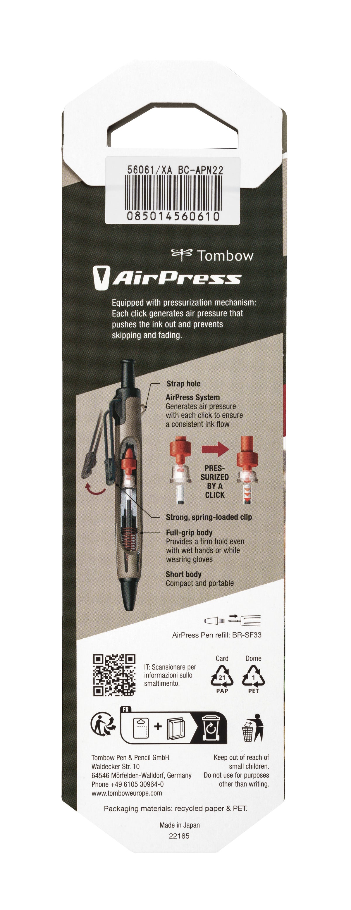 Tombow Airpress Pen Kugelschreiber – Schwarz, Spitze 0,7 mm, Druck, Beige, dokumentenecht