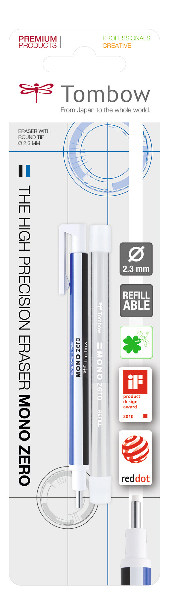 Tombow Mono Zero Rund Radierstift – nachfüllbar, Ø 2,3 mm, blau, inkl. 2 Refill