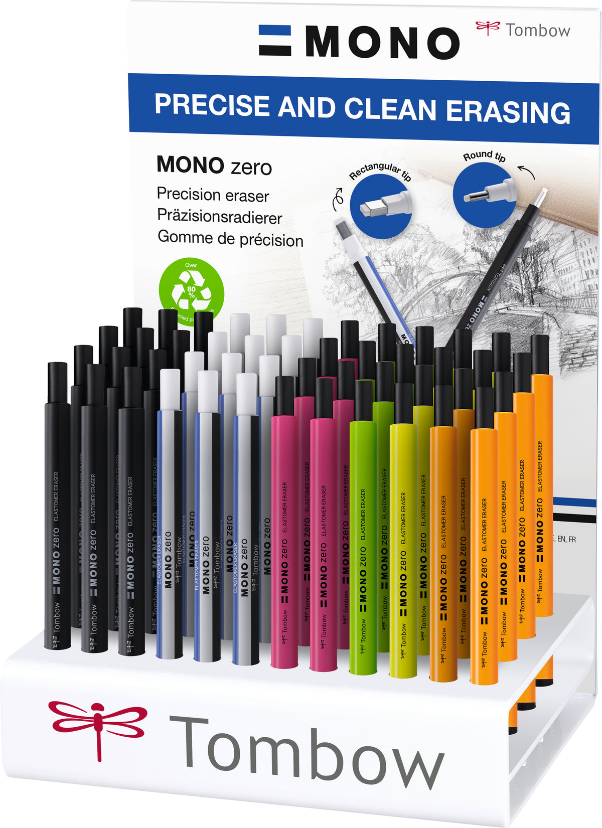 Tombow Radierstift MONO Zero – für Bleistifte, nachfüllbar, farbig sortiert, 48 Stk.