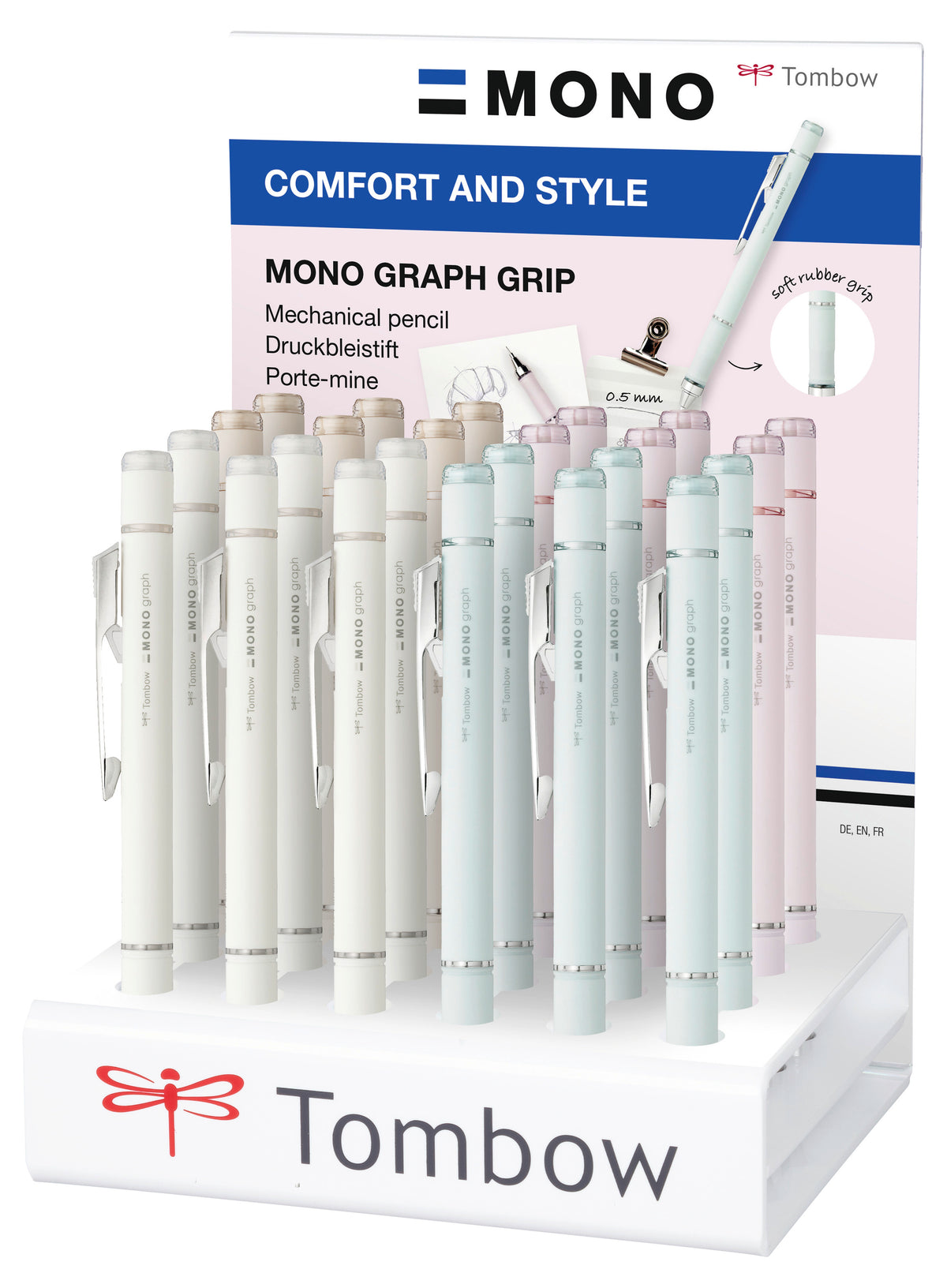 Tombow MONOgraph GRIP Druckbleistift – 0,5 mm – farbig sortiert – für Linkshänder – 24er-Display