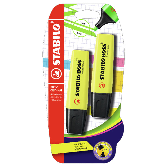 STABILO BOSS Original Textmarker – 2er Set, Farben: Gelb, Keilspitze 2–5 mm, nachfüllbar