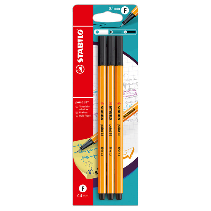 STABILO point 88 Fineliner – 3 Stk., 0,4 mm, schwarz, belüftete Kappe