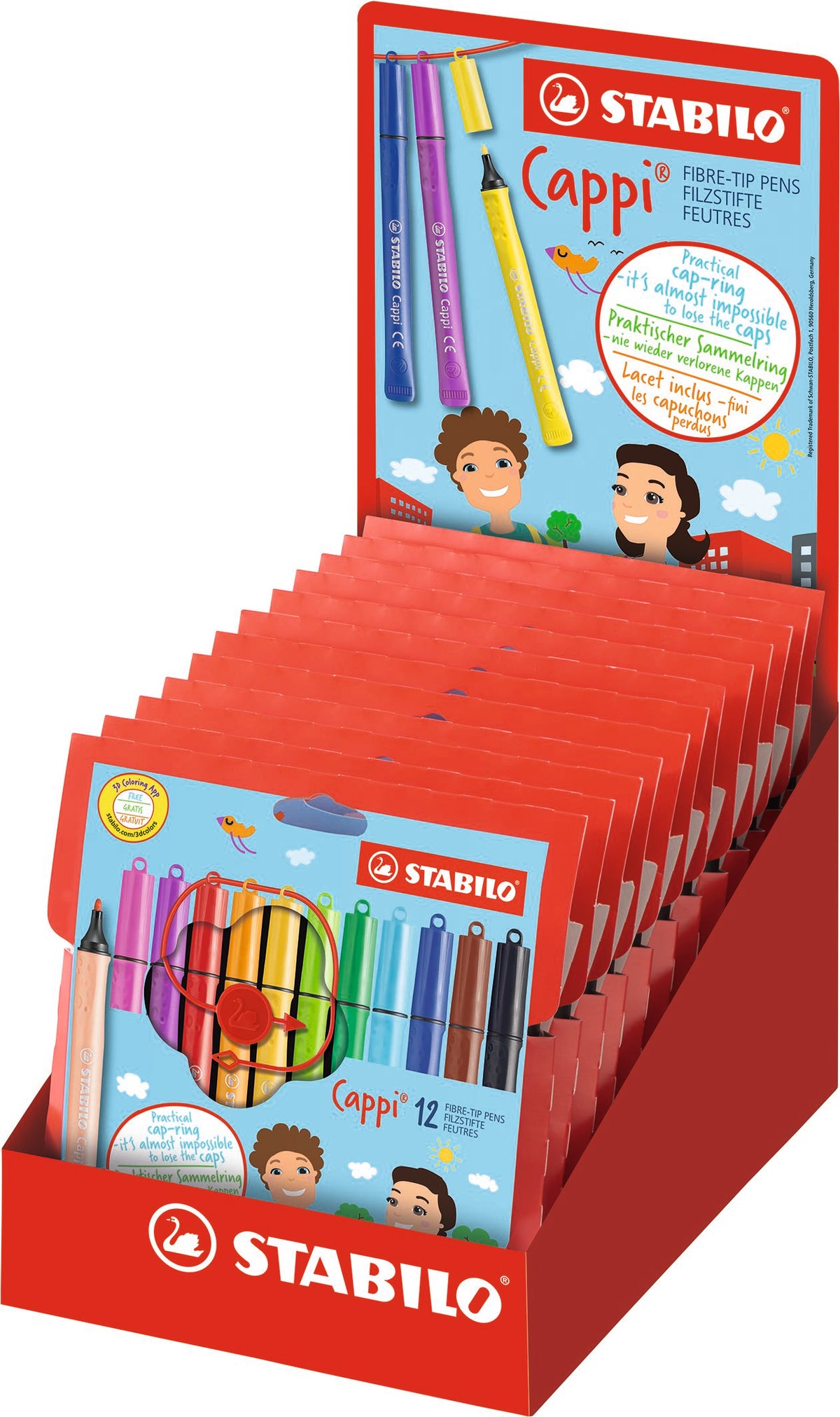 STABILO Cappi Filzstift – Rundspitze, 1 mm, wasservermalbar, 12 Farben, 12 Etuis