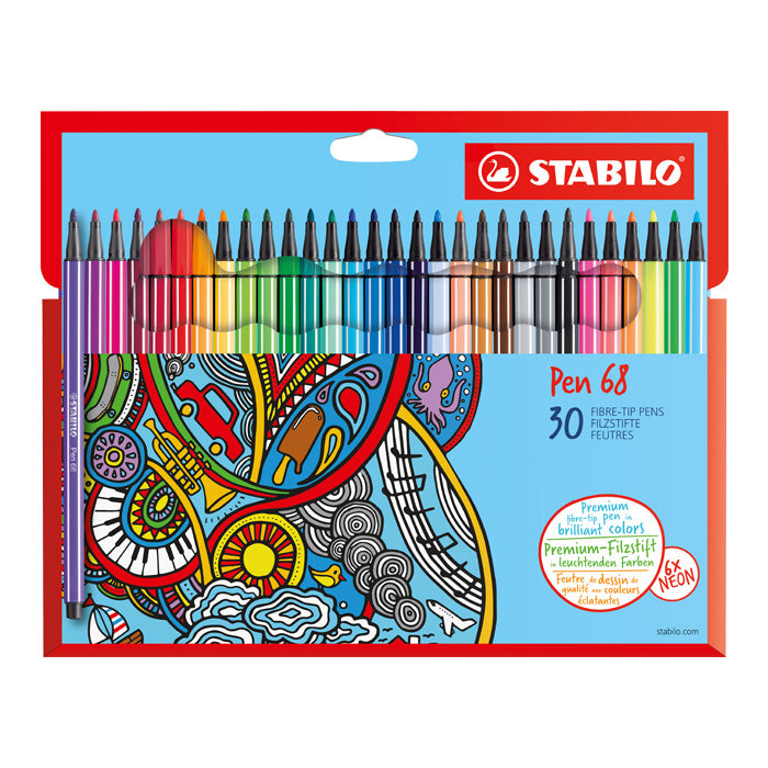 STABILO Pen 68 Filzstift – Rundspitze, 1 mm, wasserbasiert, 30 Farben
