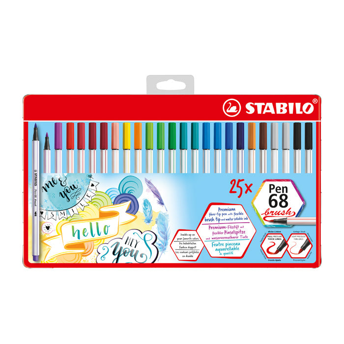 STABILO Pen 68 Brush Pinselstifte – Pinselspitze, wasservermalbar, 25 Farben