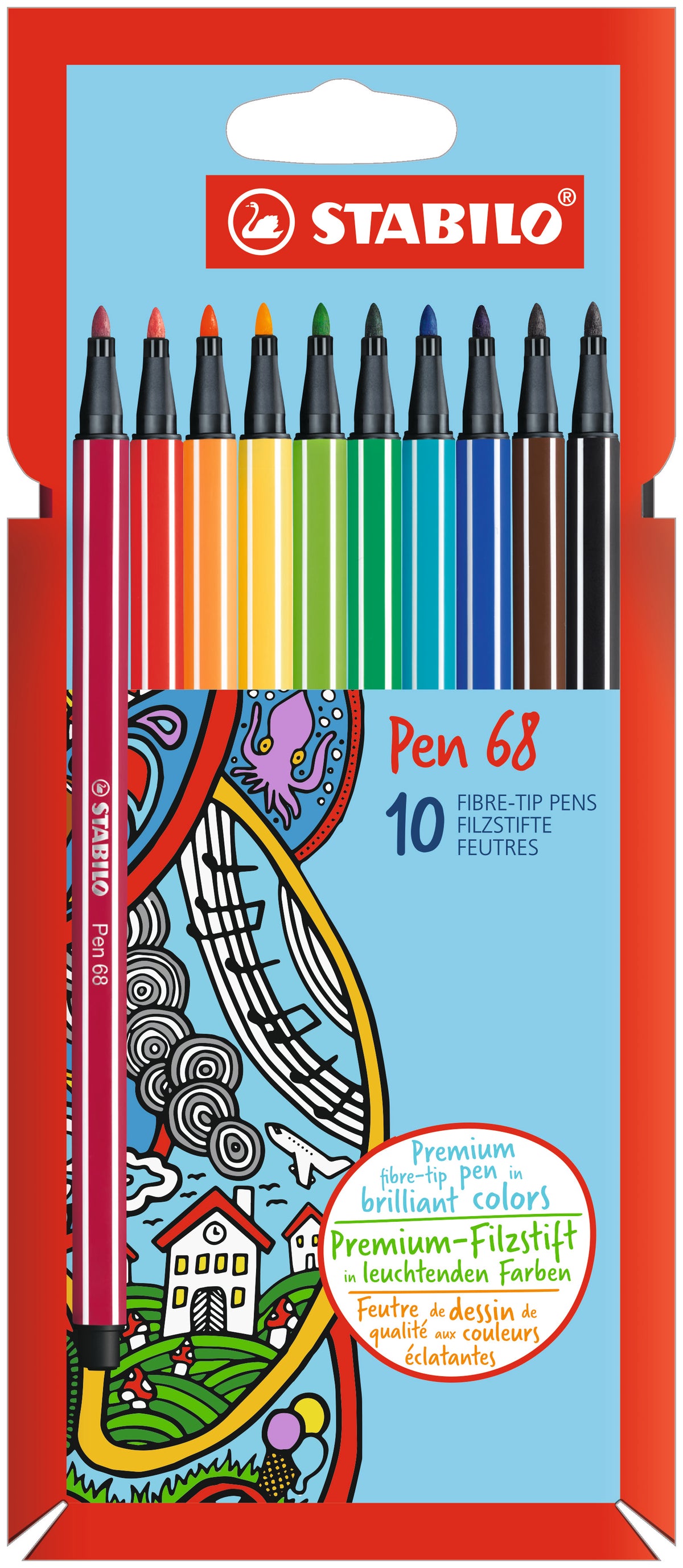 STABILO Pen 68 Filzstift – Rundspitze, 1 mm, wasservermalbar, 10 Farben