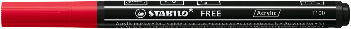 STABILO FREE Acryl T100 Acrylmarker – Rundspitze 1–2 mm – Karminrot – für Papier, Stein und Keramik