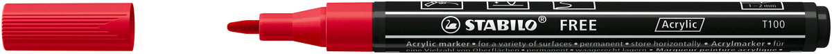 STABILO FREE Acryl T100 Acrylmarker – Rundspitze 1–2 mm – Karminrot – für Papier, Stein und Keramik