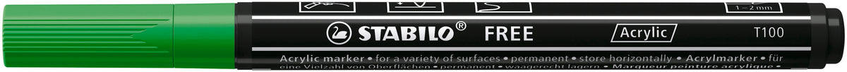 STABILO Free Acrylic T100 Acrylmarker – Rundspitze 1–2 mm – Laubgrün – für Papier, Stein und Kunstleder
