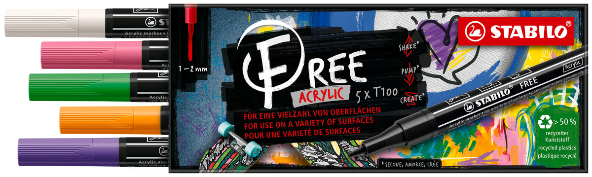 STABILO Free Acrylic T100 Acrylmarker – Rundspitze 2–3 mm – 5er-Set (Frühling)