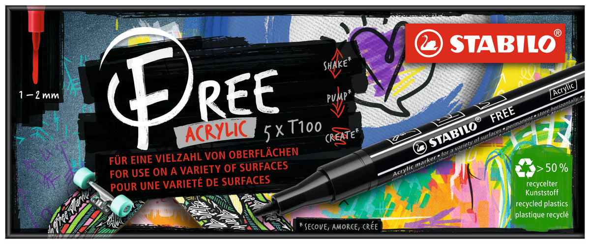 STABILO Free Acrylic T100 Acrylmarker – Rundspitze 2–3 mm – 5er-Set (Frühling)