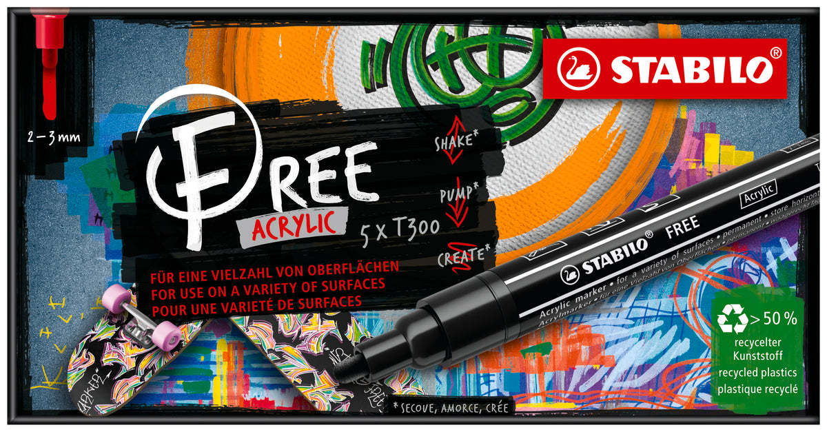 STABILO Free Acrylic T300 Lebhafter Acrylmarker – 2–3 mm – Mehrfarbig, 5er-Set