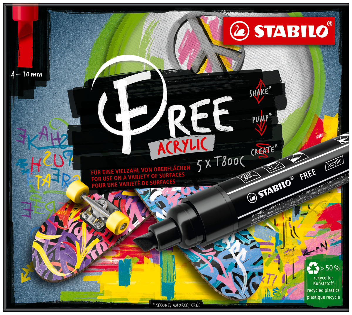 STABILO FREE Acrylic T800C Acrylmarker Metallic – Keilspitze 4–10 mm – Seaside – 5er-Set