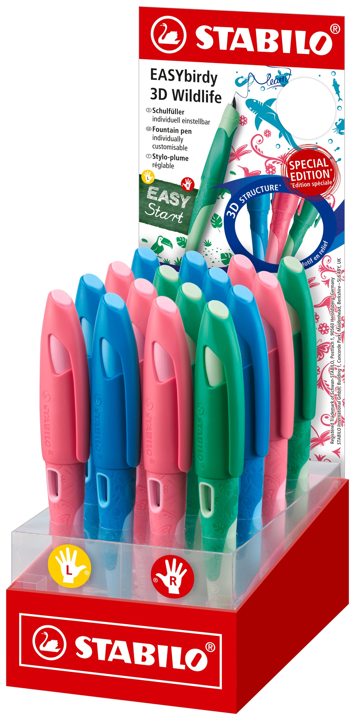 STABILO EASYbirdy 3D Wildlife – Tintenroller, Blau/Pink/Grün, Radierbar – 16 Stk.