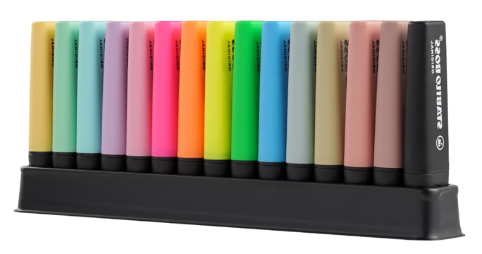 STABILO BOSS Original Textmarker – Tischset, 15 Stück, Farben sortiert, Keilspitze 2–5 mm