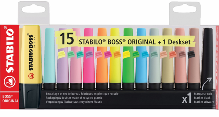 STABILO BOSS Original Textmarker – Tischset, 15 Stück, Farben sortiert, Keilspitze 2–5 mm