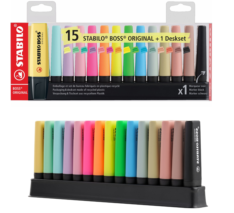 STABILO BOSS Original Textmarker – Tischset, 15 Stück, Farben sortiert, Keilspitze 2–5 mm