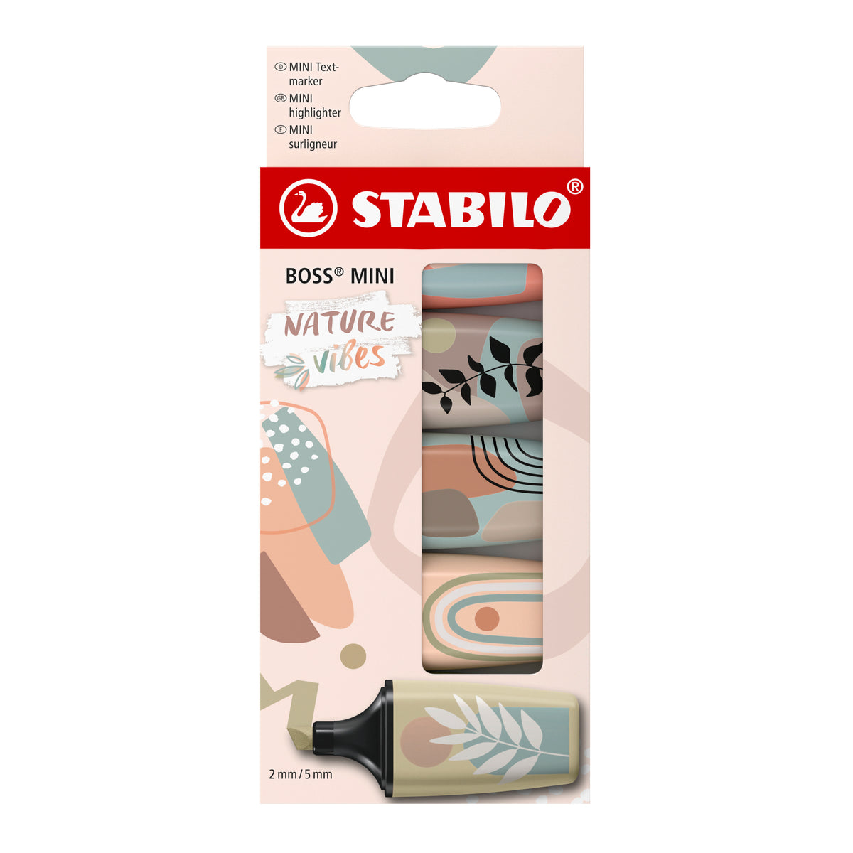 STABILO BOSS Naturevibes Textmarker Mini – 5er Set, Farben: Schlammgrün/Erdgrün/Sienna …, Keilspitze 2–5 mm
