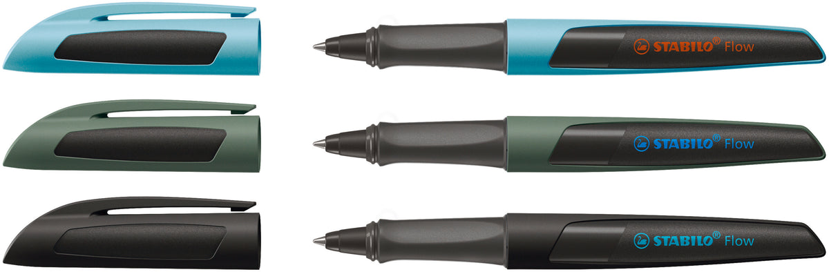 STABILO Flow Kugelschreiber – 16er Display, Schwarz, Blau, Grün, Spitze 0,5 mm, nachfüllbar