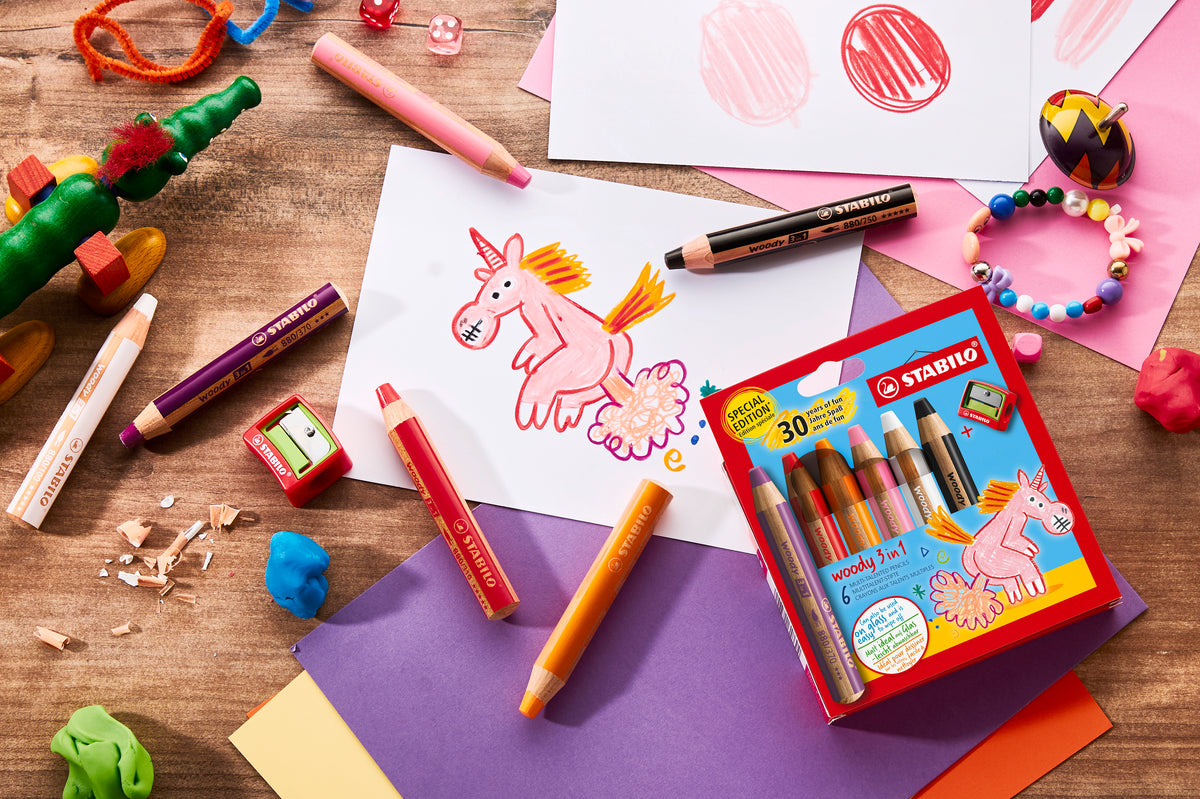 STABILO Woody 3 in 1 Einhorn – 6 Farben, Ø 10 mm, Kartonetui, mit Spitzer