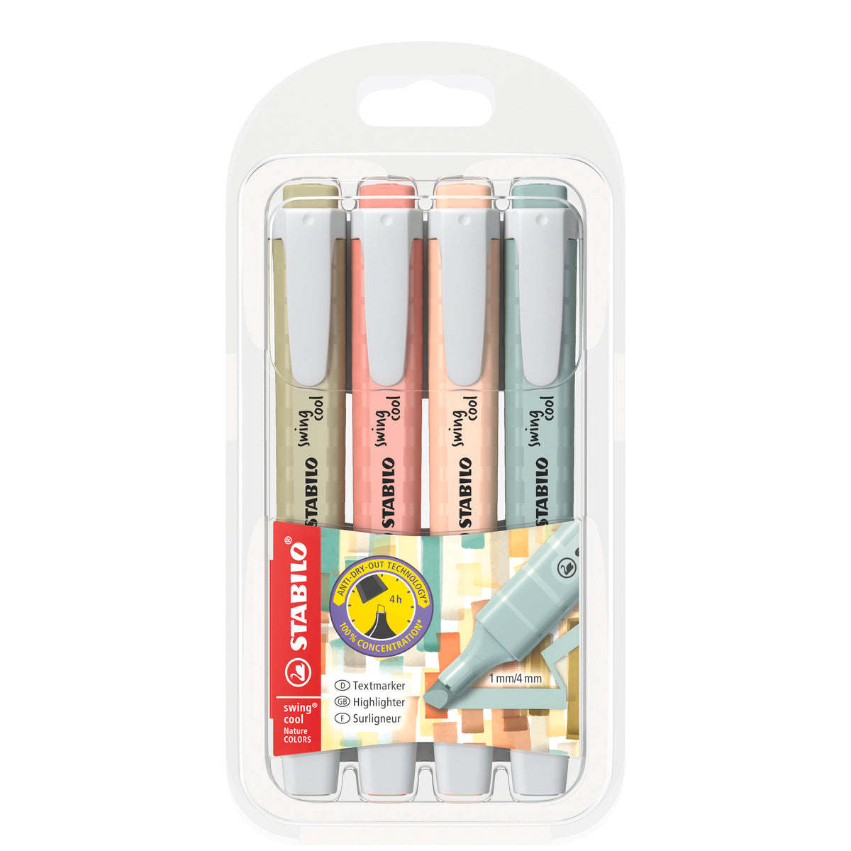 STABILO Swing Cool Nature Textmarker – 4er Set, Farben: Beige/Grün/Rosa, Keilspitze 1–4 mm