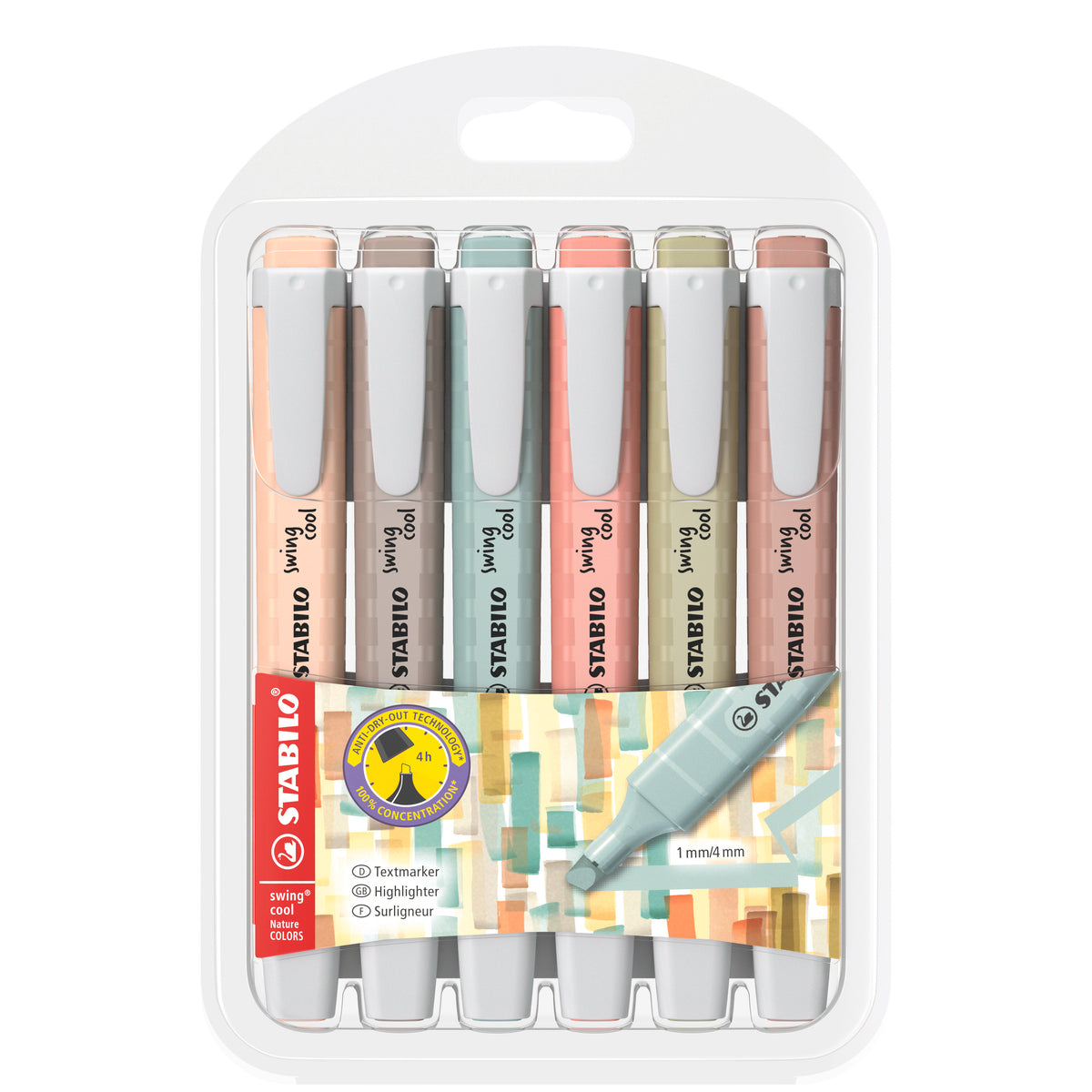 STABILO Swing Cool Nature Textmarker – 6er Set, Farben: Schlammgrün/Sienna/Beige …, Keilspitze 1–4 mm